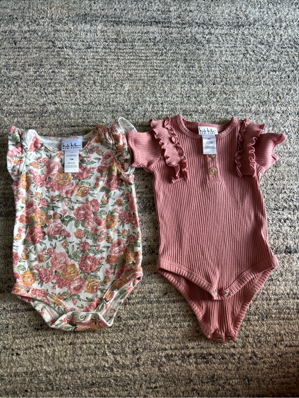 Nicole Miller Girls Floral Print and Mauve Ribbed  One-Piece Set 6-9m and 12m